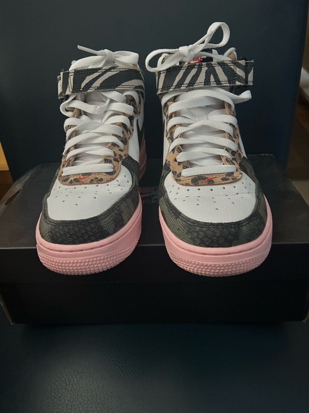 Nike Air Force 1 High-Top Sneakers - White, Black, Leopard & Pink Trim - Picture 3 of 9